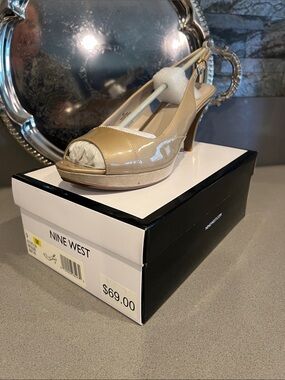 Nine West Nude Patent Leather Peep-Toe Slingback Pumps